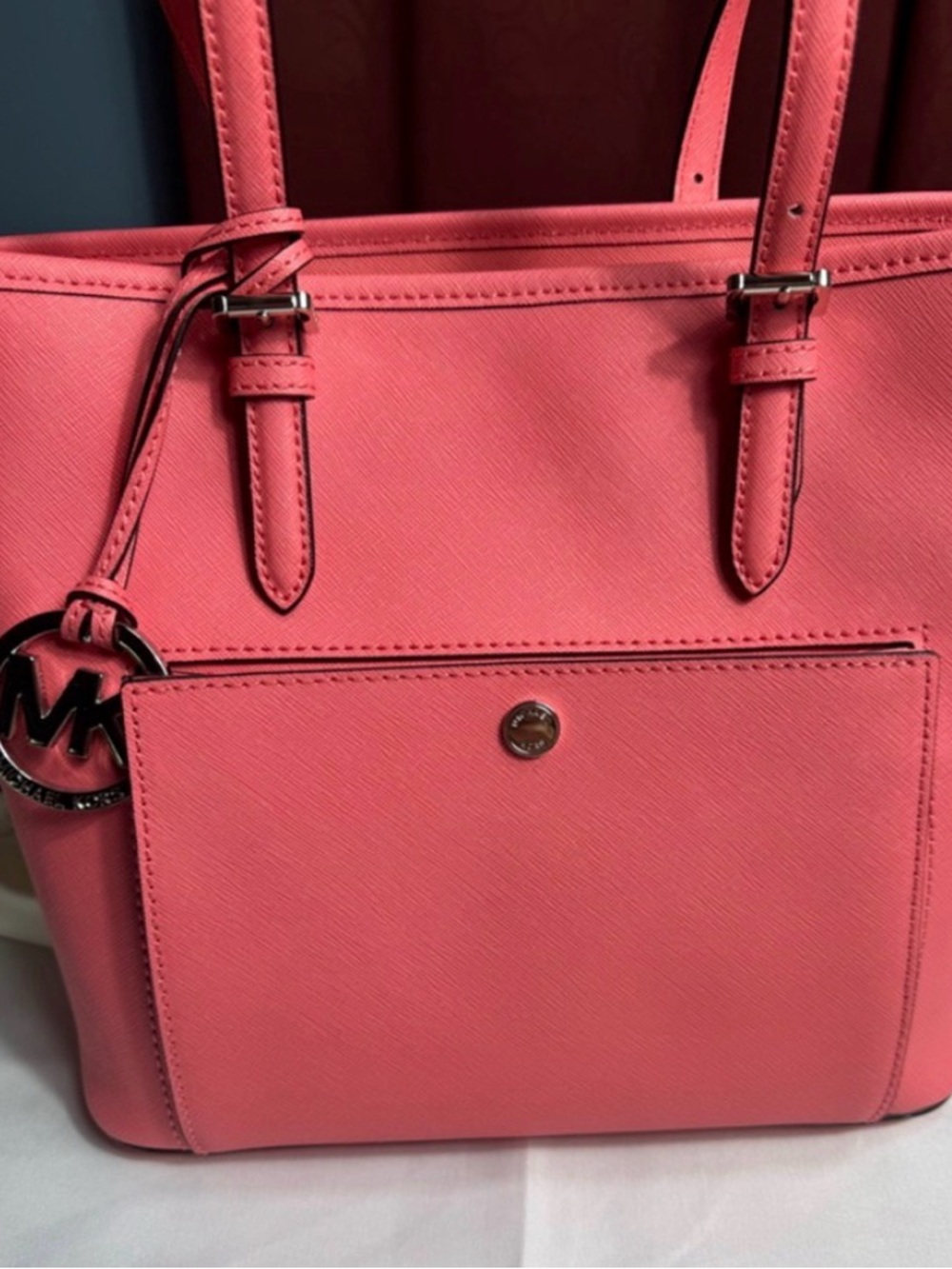 Michael Kors Coral Pink Leather Tote with Front Pocket - Picture 2 of 14